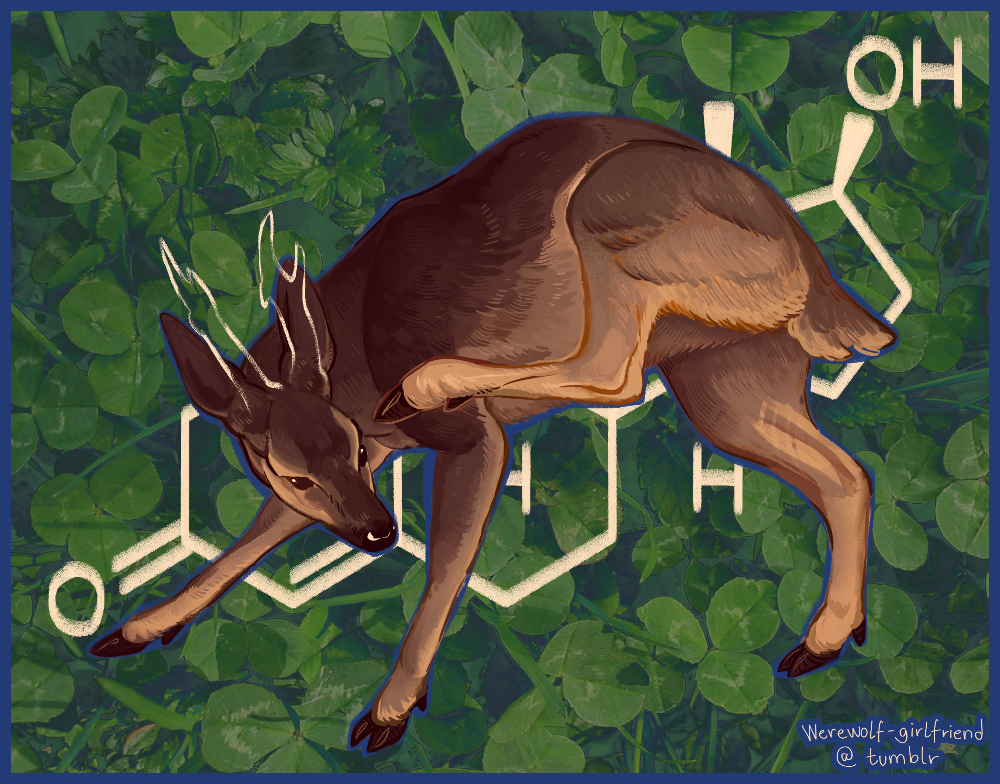 A digital, realistic painting of a doe deer on a dark green and blue background with clovers. White outlines of horns sprout from its head, and the molecular structure of testosterone is written behind it.